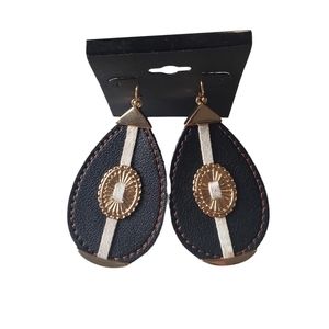 Tear Drop Faux Leather Earrings Equestrian Concho Boho Vibes Black Cream Gold